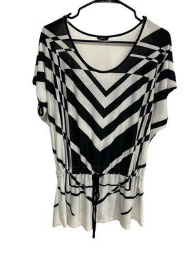 Milano Womens Black White Chevron Striped Drawstring Waist Tunic Top Preppy Chic